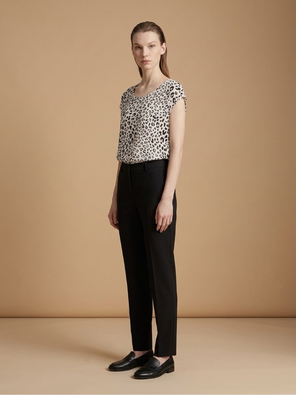 Michel Studio Black and White Leopard Cap-Sleeve Tee